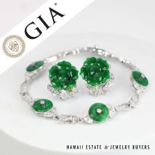 GIA 20.4g 18KWG Set Green Jade 0.75ctw Diamond Bracelet & Earrings