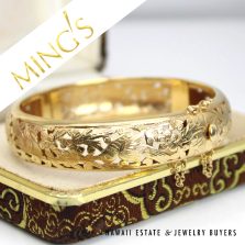 Ming's 27.7g 14KYG Bird in Plum 14mm Hinged Bangle Bracelet Size 7 with Box