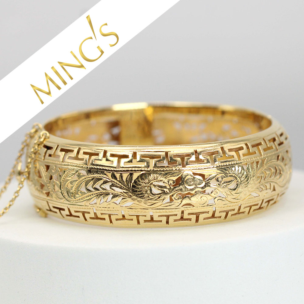 アクセサリー K10YG BANGLE Ming's 33.5g 14KYG Greek Key Phoenix 20mm Hinged Bangle Bracelet