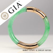 GIA Green Jade 28.3g 14KYG Hinged Bangle Bracelet Size 6