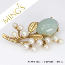 Ming's Pale Green Jade and Cultured Pearl 14K Yellow Gold Brooch
