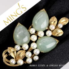 Ming'sPale Green Jade & Pearl 14K Yellow Gold Brooch