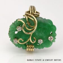 Carved Openwork Green Jade & Round Diamond 14K Yellow Gold Ring Size 7.25