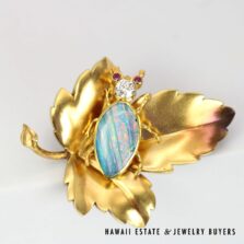 Timothy T Johns & Son 18K Yellow Gold Opal, 0.35ct OEC Diamond & 0.10ctw Ruby Beetle and Leaf Brooch Circa 1890