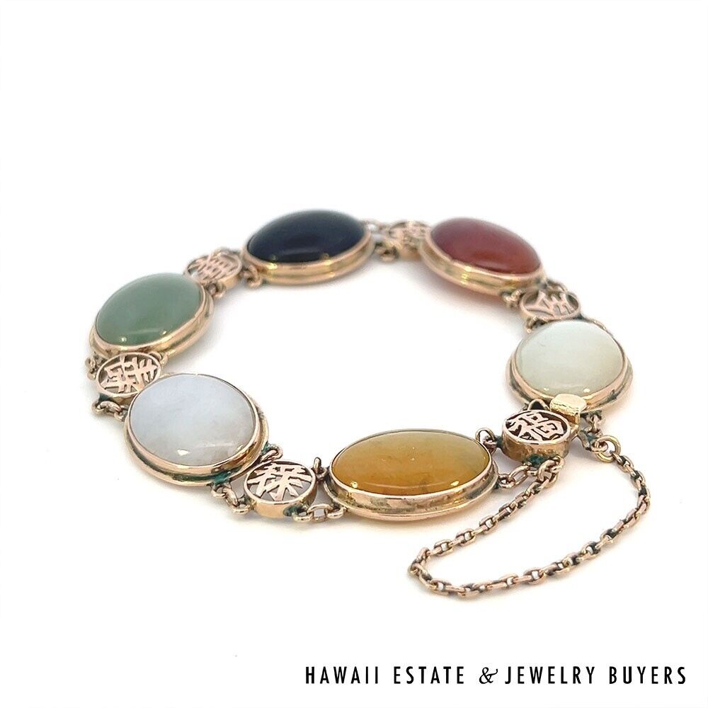 14K Yellow Gold Chinese Character and Multi Color Jade Bracelet
