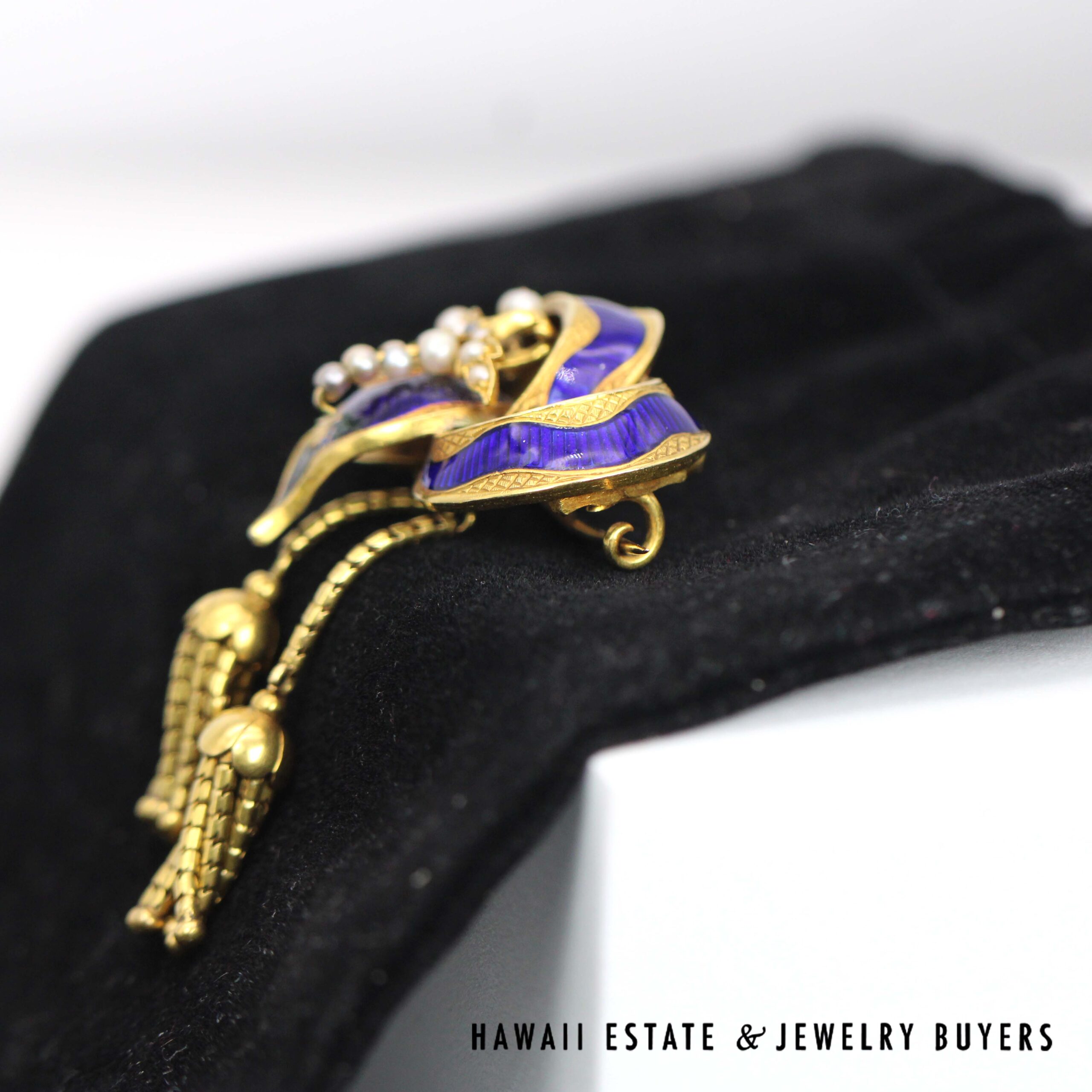 Antique 1800s 14K Yellow Gold Blue Enamel & Seed Pearl Tassel Brooch - Image 6