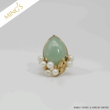 MING'S 7.2g 14KYG PALE GREEN JADE AND PEARL RING SIZE 7