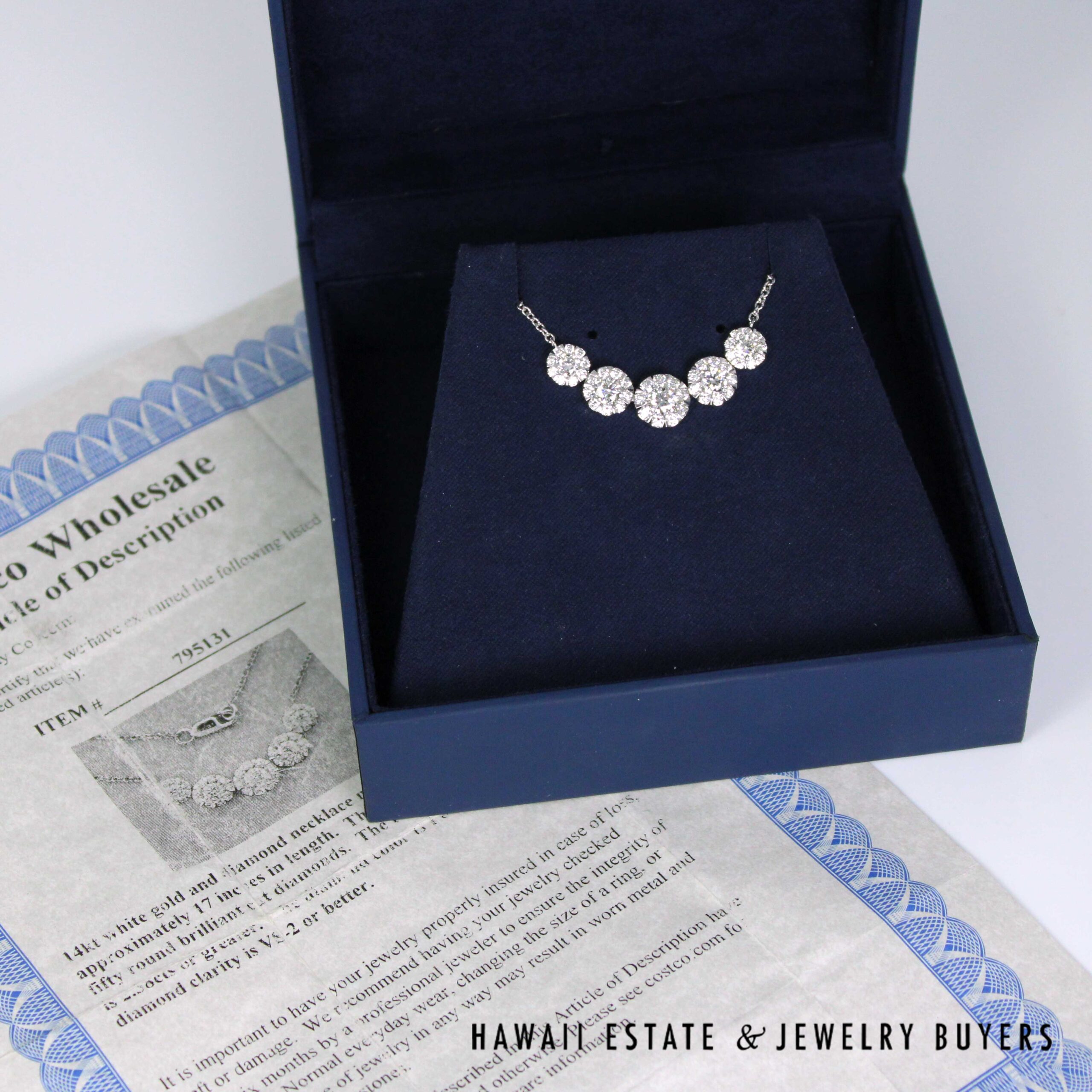 Diamond 14K White Gold Graduated Cluster Necklace 17 Inch with Appraisal