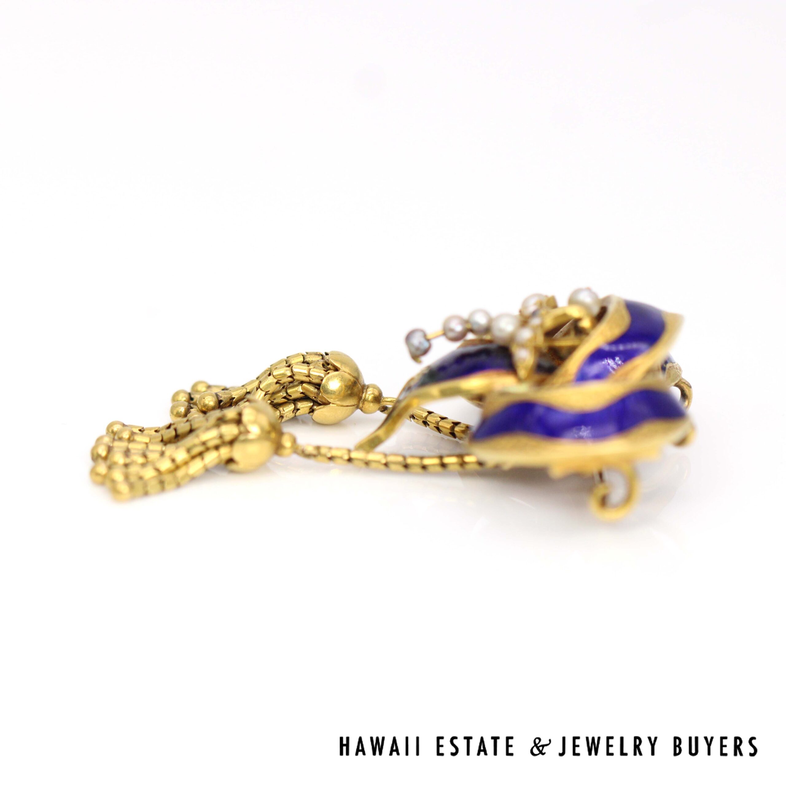 Antique 1800s 14K Yellow Gold Blue Enamel & Seed Pearl Tassel Brooch - Image 5