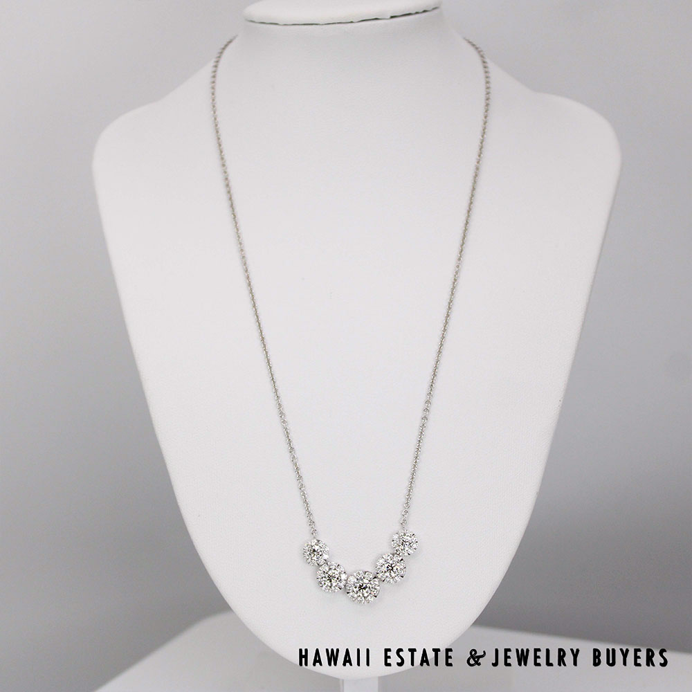 Diamond 14K White Gold Graduated Cluster Necklace 17 Inch with Appraisal - Image 4