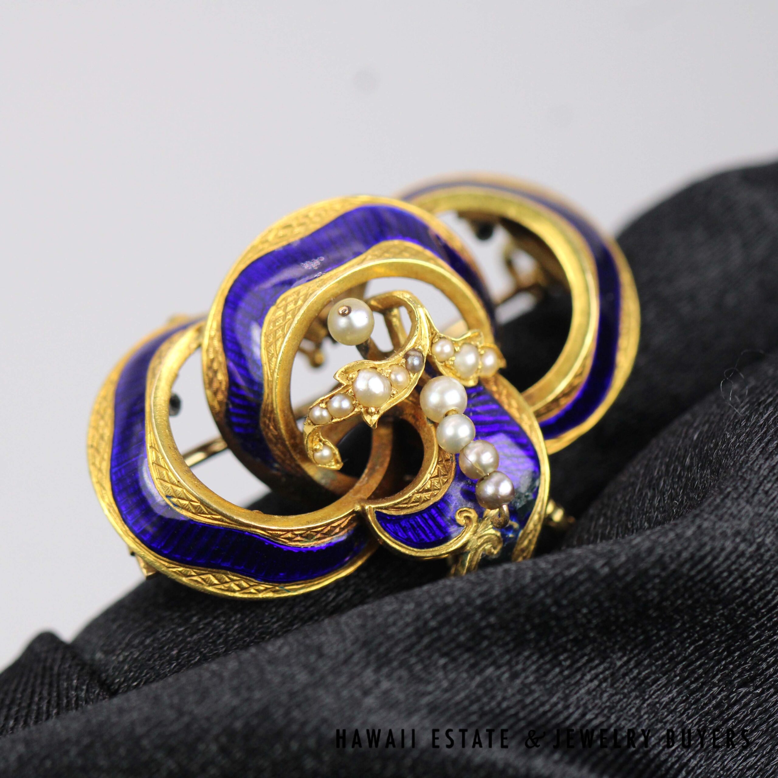 Antique 1800s 14K Yellow Gold Blue Enamel & Seed Pearl Tassel Brooch - Image 7