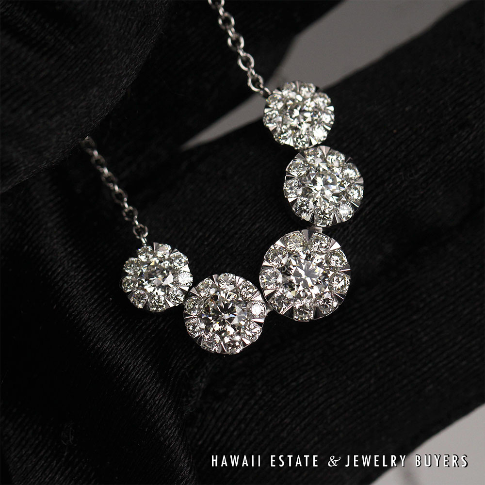 Diamond 14K White Gold Graduated Cluster Necklace 17 Inch with Appraisal - Image 6