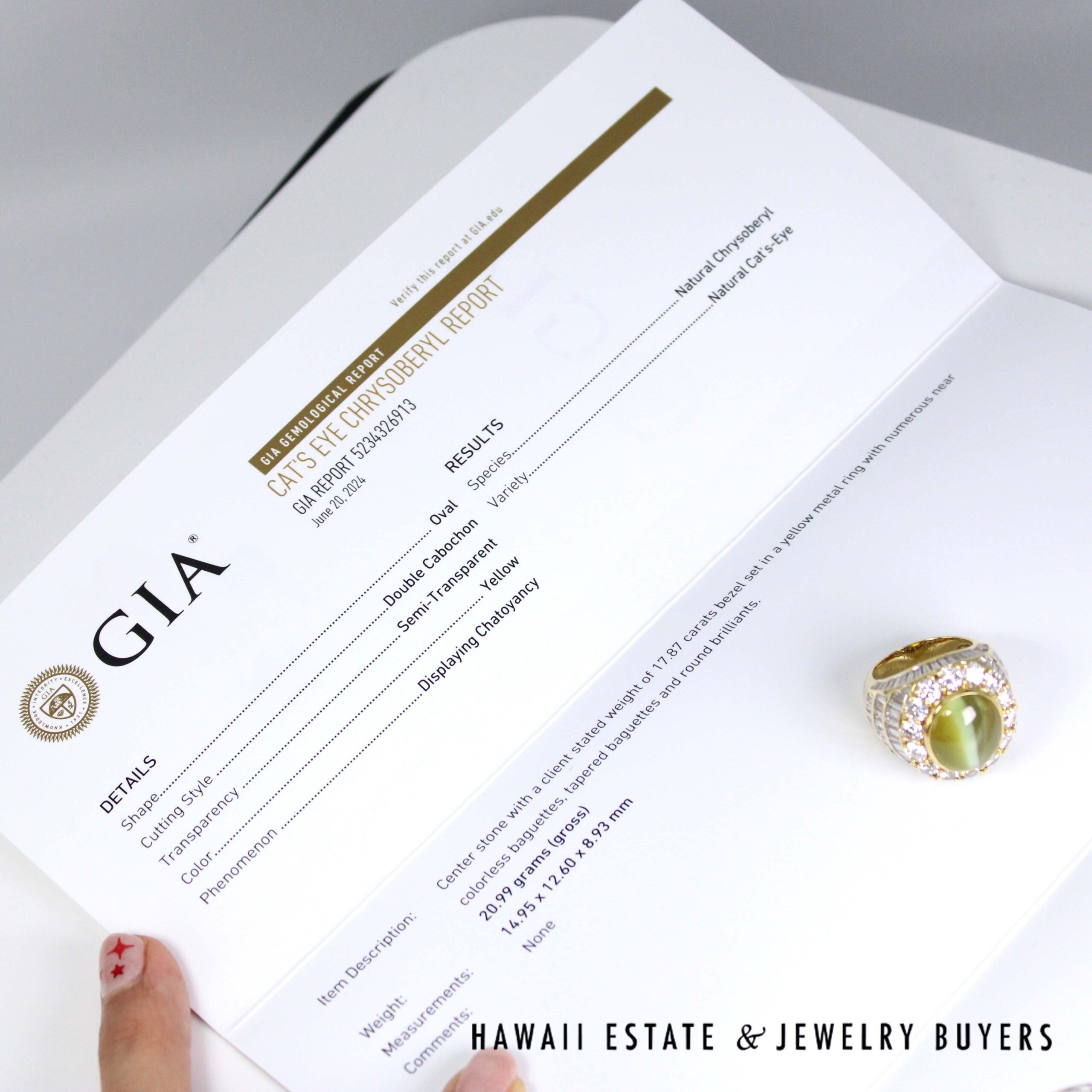 GIA 17.87ct Cat's Eye Crysoberyl 8.67ctw Diamond 18K Yellow Gold Gents Ring Size 7.5 with Appraisal - Image 4