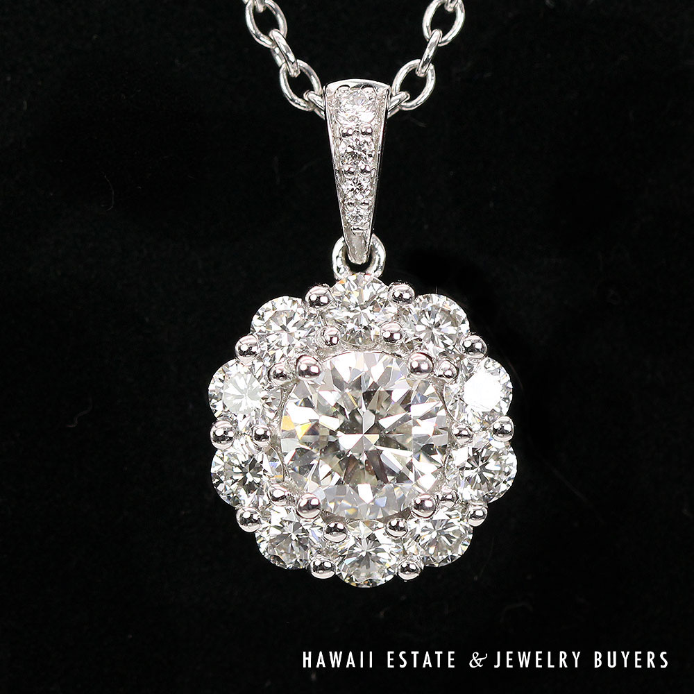 Diamond Pendant Necklace 14K White Gold with Rolo Chain 18 in