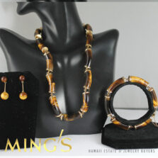 RARE MING'S HAWAII TIGER'S EYE 14K YELLOW GOLD BRACELET NECKLACE EARRINGS SET