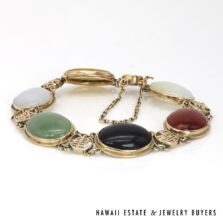 Multi-Color Jade Chinese Character 14K Yellow Gold Bracelet 7 Inch