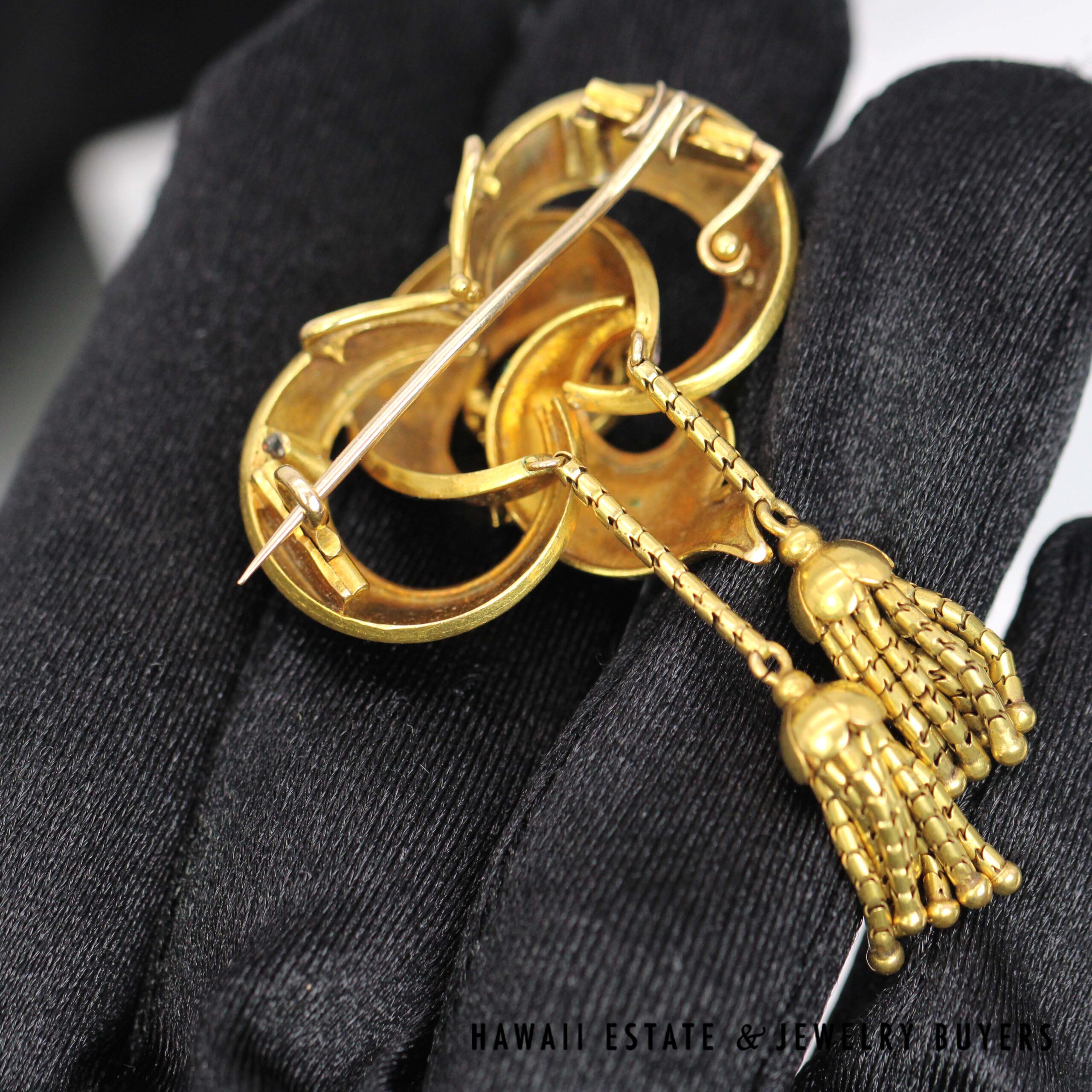 Antique 1800s 14K Yellow Gold Blue Enamel & Seed Pearl Tassel Brooch - Image 3