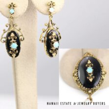 Victorian Style Onyx Opal Pearl 14K Yellow Gold Earring & Brooch Set