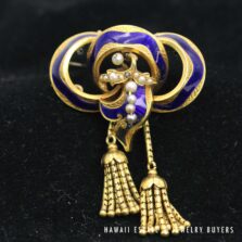 Antique 1800s 14K Yellow Gold Blue Enamel & Seed Pearl Tassel Brooch