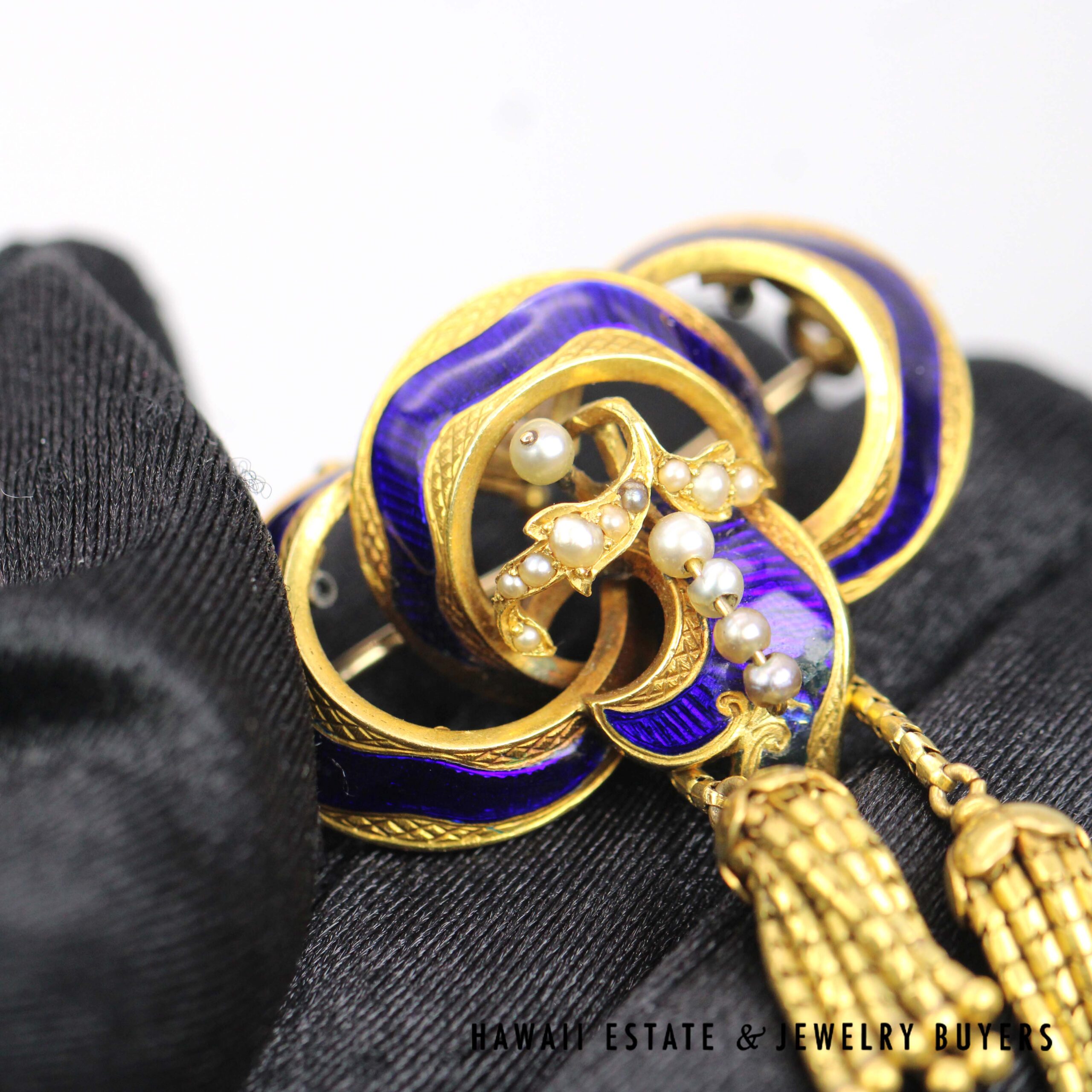 Antique 1800s 14K Yellow Gold Blue Enamel & Seed Pearl Tassel Brooch - Image 4
