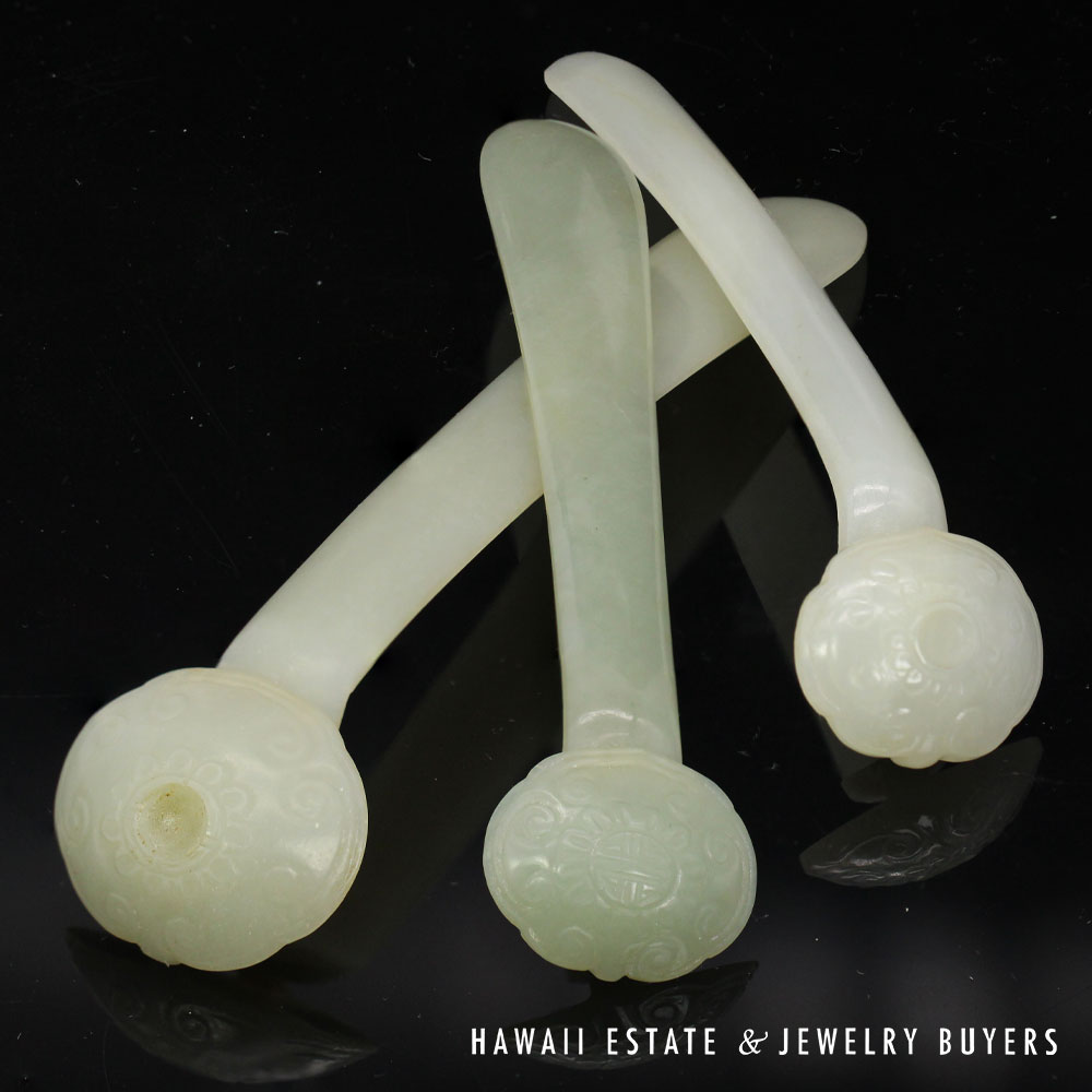 Set of 3 Qing Era Carved Mutton Fat Jade and Nephrite Hair Pins