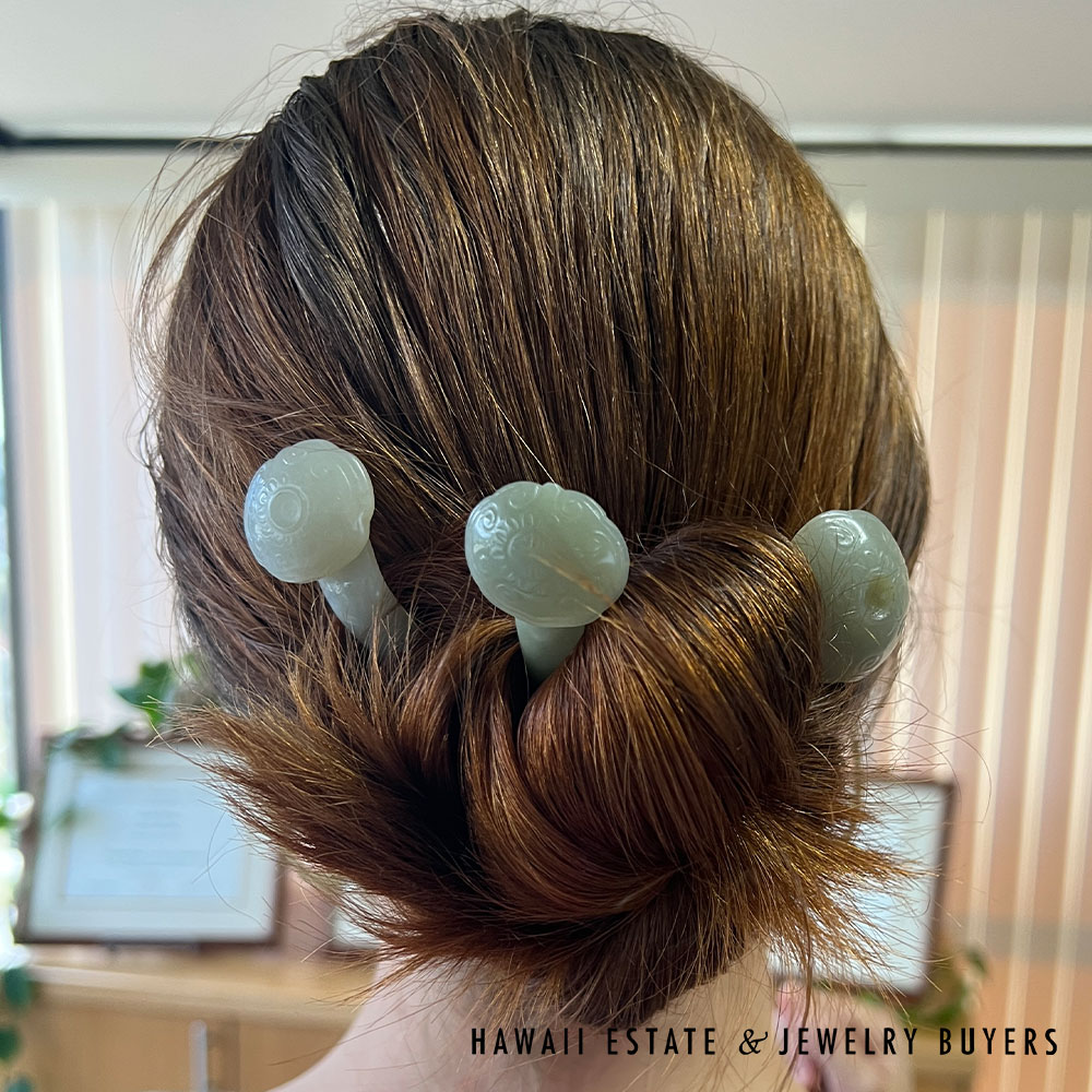 Set of 3 Qing Era Carved Mutton Fat Jade and Nephrite Hair Pins