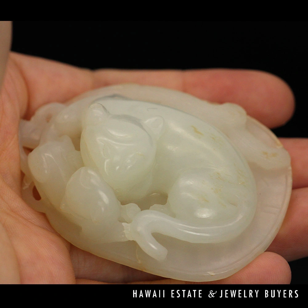 Antique Chinese Carved Mutton Fat Jade Two Cats Lily Pad Carving - Image 9