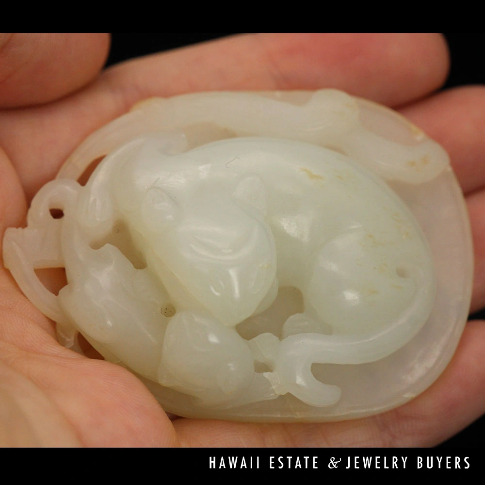 Antique Chinese Carved Mutton Fat Jade Two Cats Lily Pad Carving - Image 7