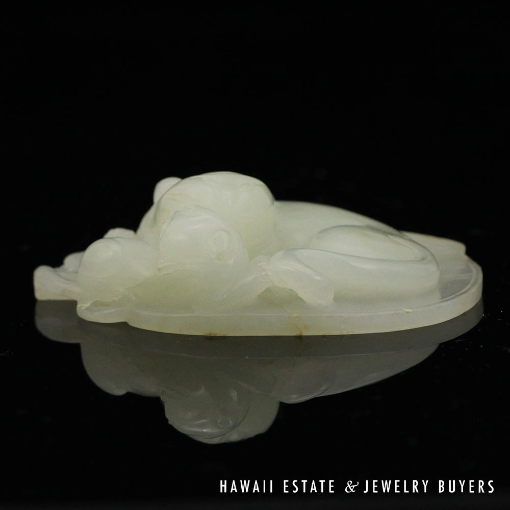 Antique Chinese Carved Mutton Fat Jade Two Cats Lily Pad Carving - Image 5