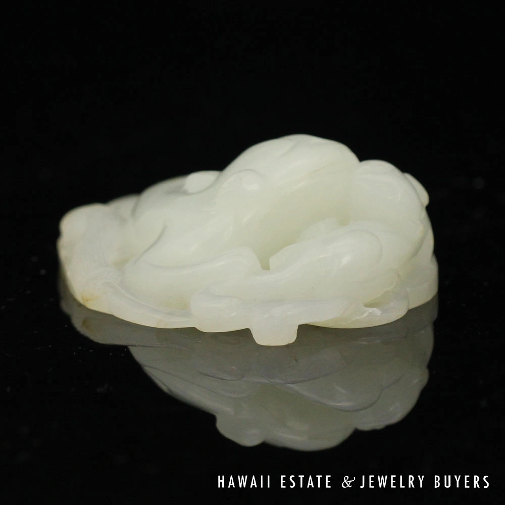 Antique Chinese Carved Mutton Fat Jade Two Cats Lily Pad Carving - Image 4