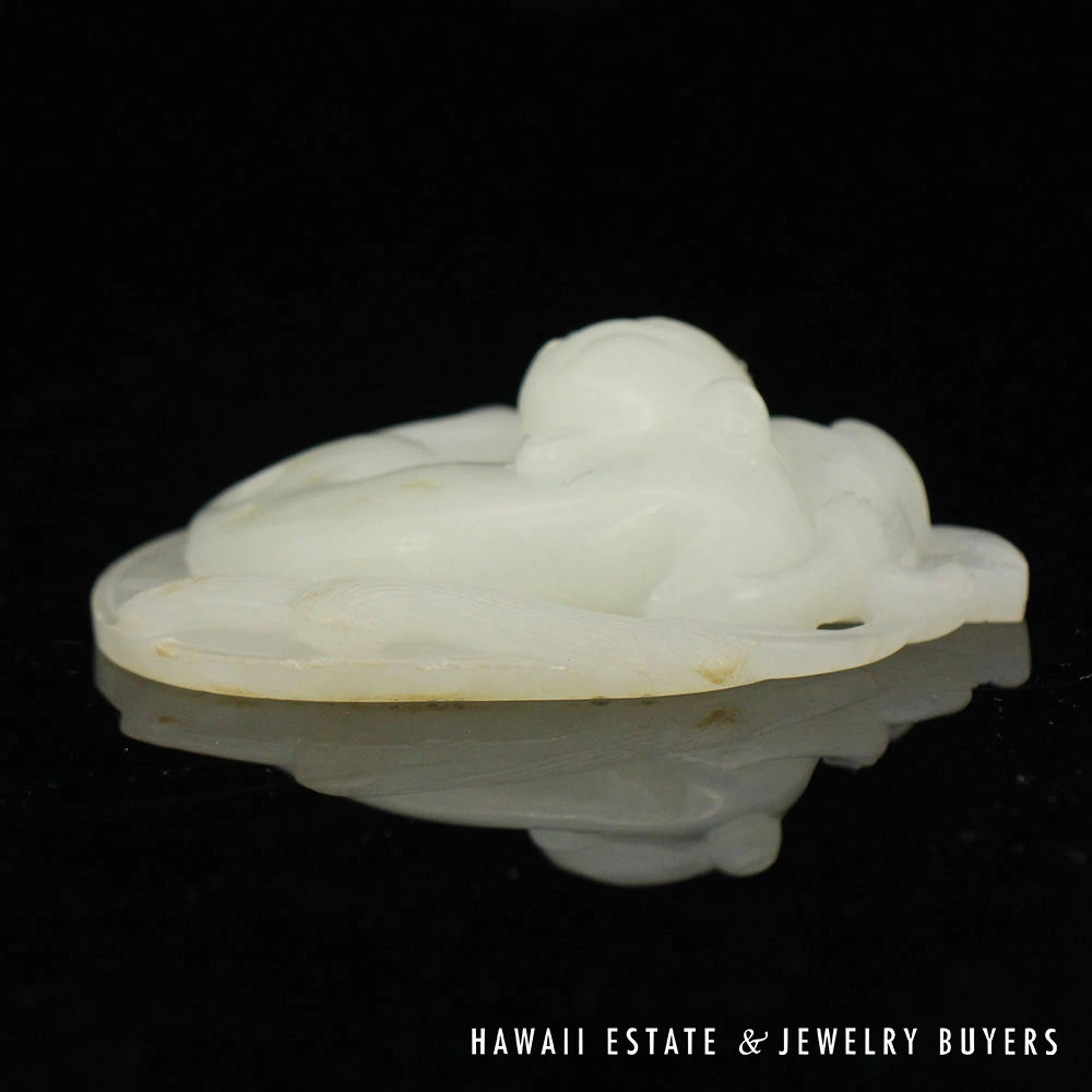Antique Chinese Carved Mutton Fat Jade Two Cats Lily Pad Carving - Image 3