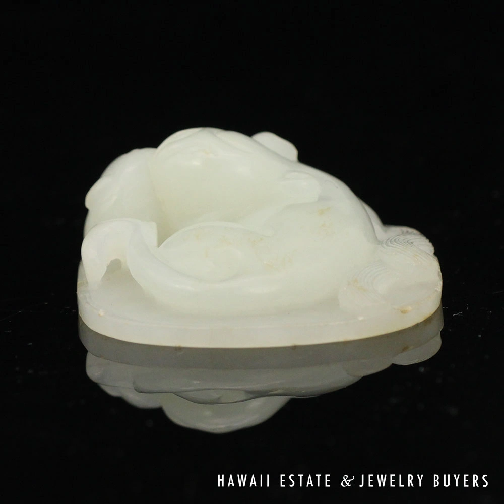 Antique Chinese Carved Mutton Fat Jade Two Cats Lily Pad Carving - Image 2