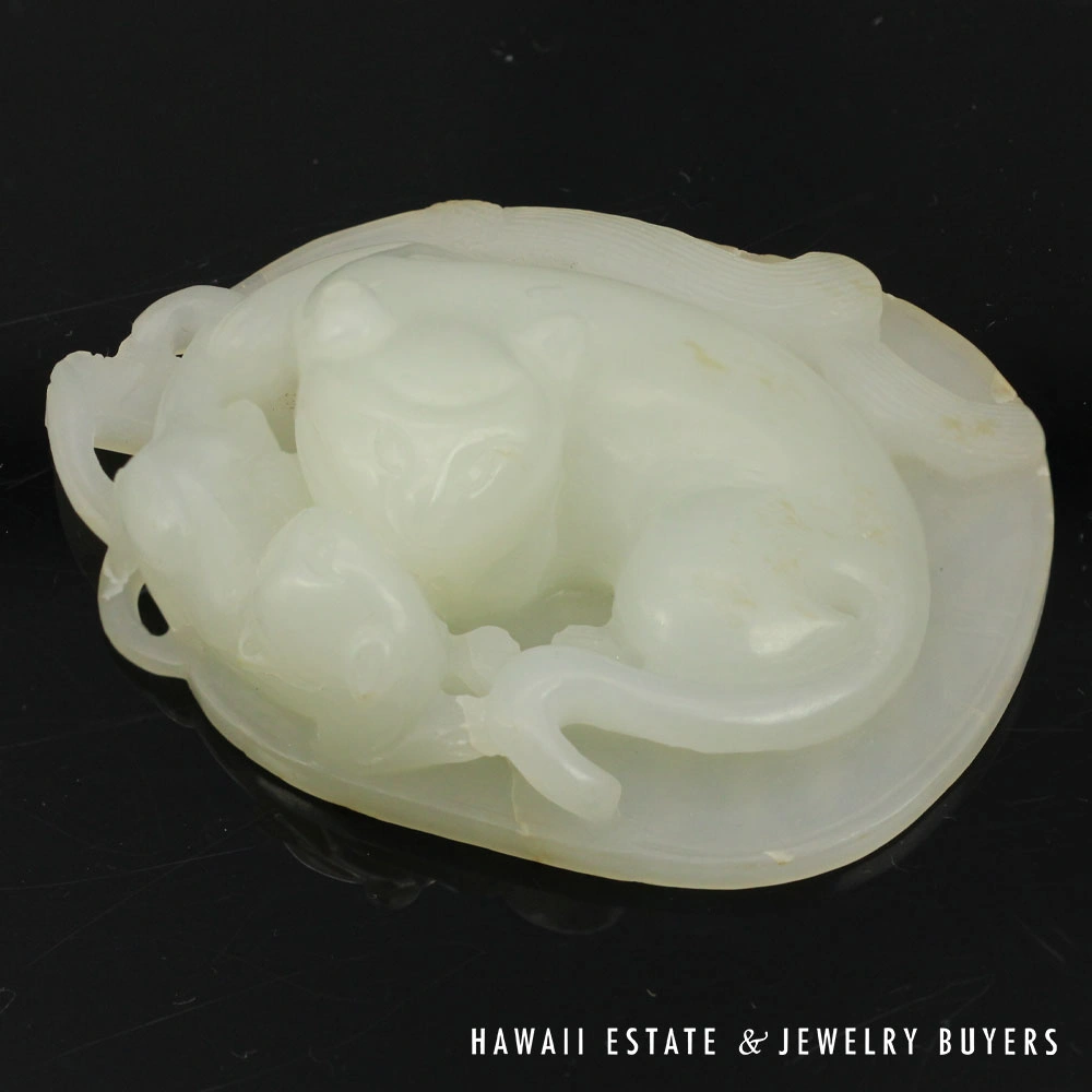 Antique Chinese Carved Mutton Fat Jade Two Cats Lily Pad Carving