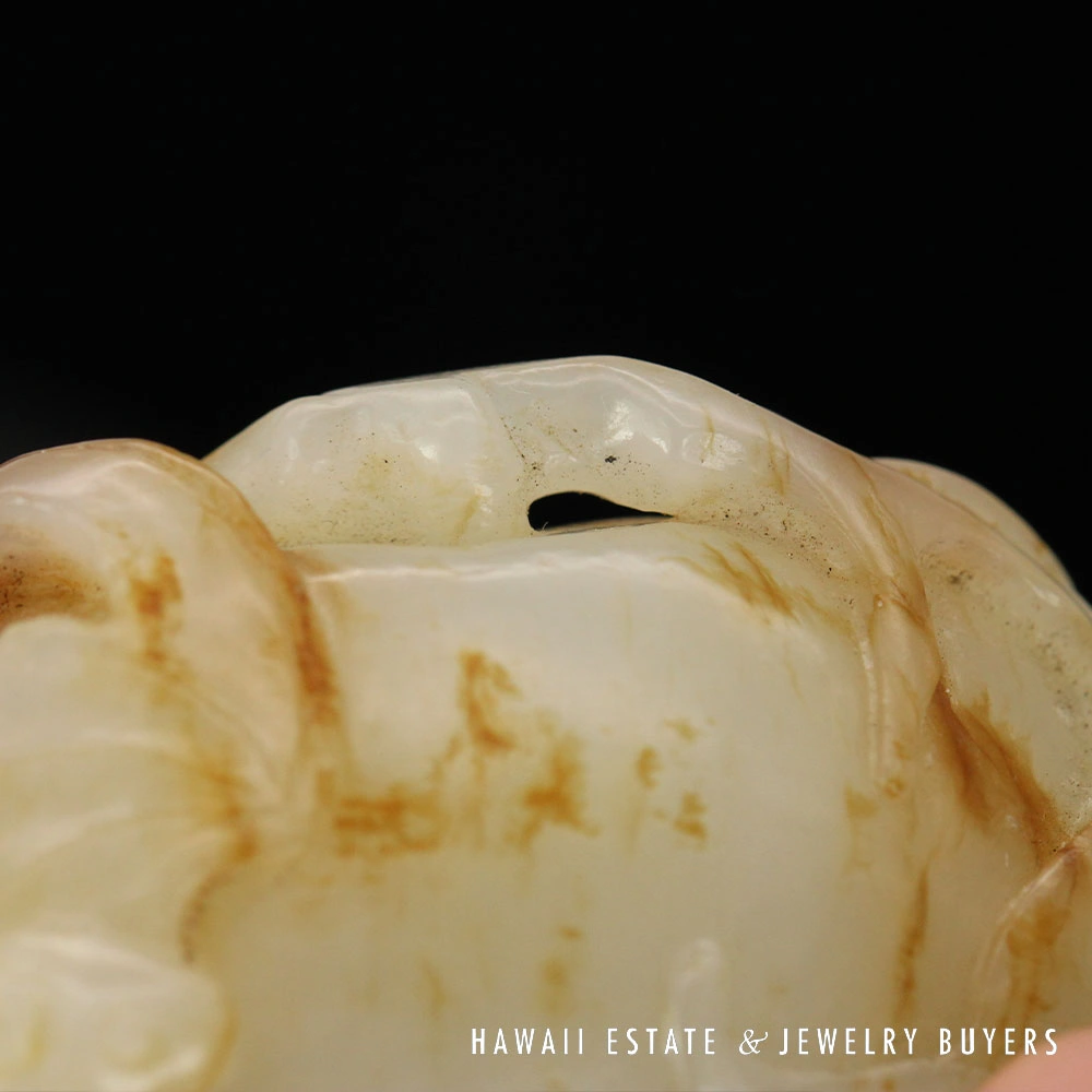 Qing Era Chinese Carved Mutton Fat Jade Bat & Fruit Carving Pendant - Image 9