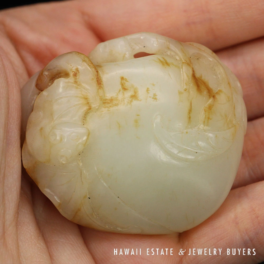Qing Era Chinese Carved Mutton Fat Jade Bat & Fruit Carving Pendant