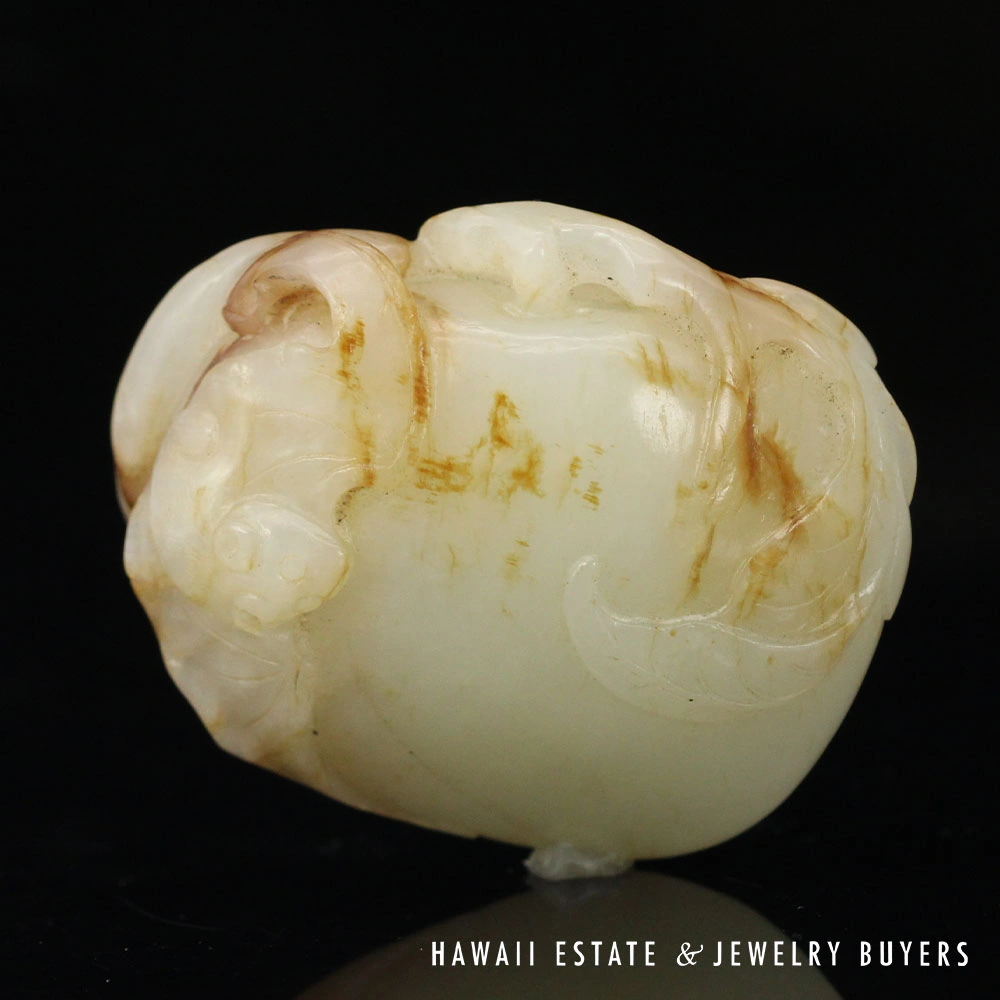 Qing Era Chinese Carved Mutton Fat Jade Bat & Fruit Carving Pendant - Image 4
