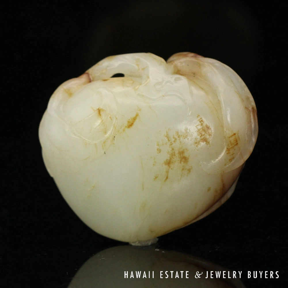 Qing Era Chinese Carved Mutton Fat Jade Bat & Fruit Carving Pendant - Image 2
