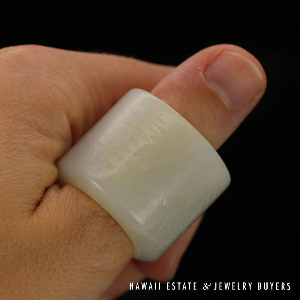 Qing Era Carved Mutton Fat Jade Longevity Archer's Ring Size 9.75