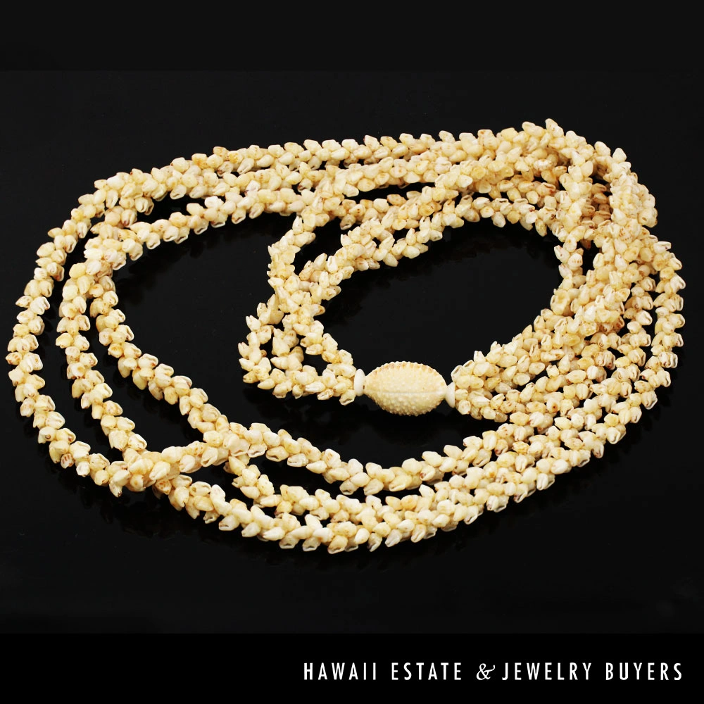 Ni'ihau Shell Lei 3-Strand Pikake Momi Lenalena Cream Necklace 36 Inch