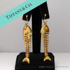 Authentic Vintage Tiffany & Co. 18K Yellow Gold Ruby Articulated Fish Skeleton Earrings w/ Pouch