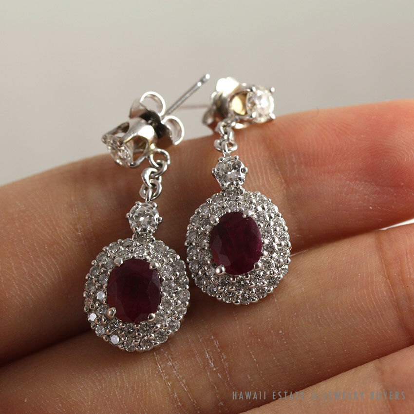Ruby & Diamond Drop 18k White Gold Earrings - Image 4