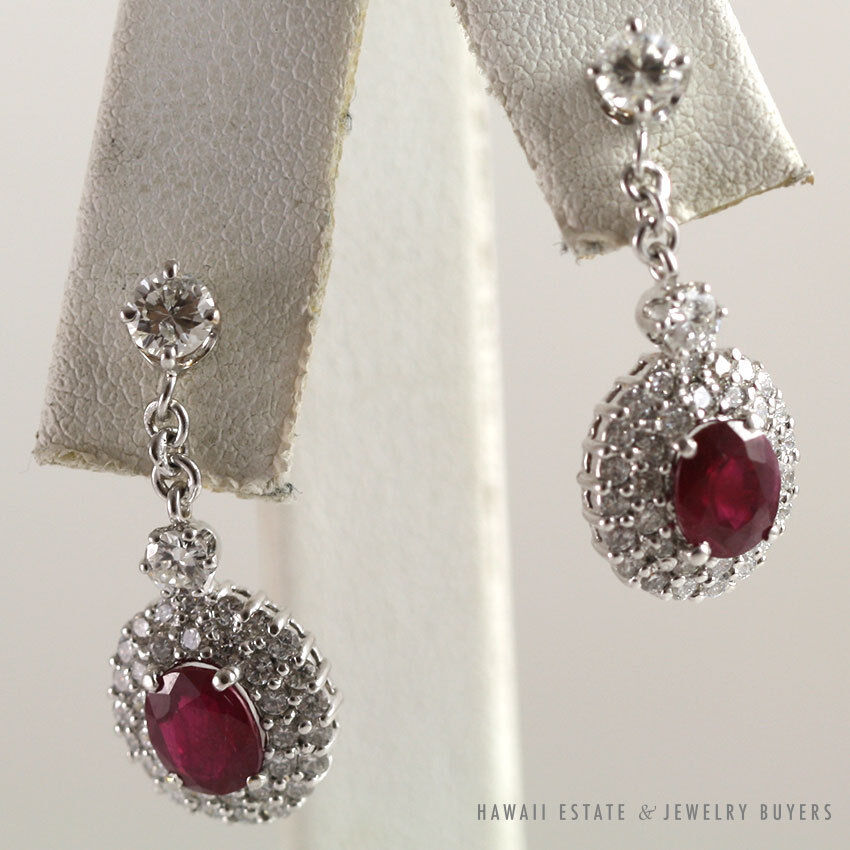 Ruby & Diamond Drop 18k White Gold Earrings - Image 2