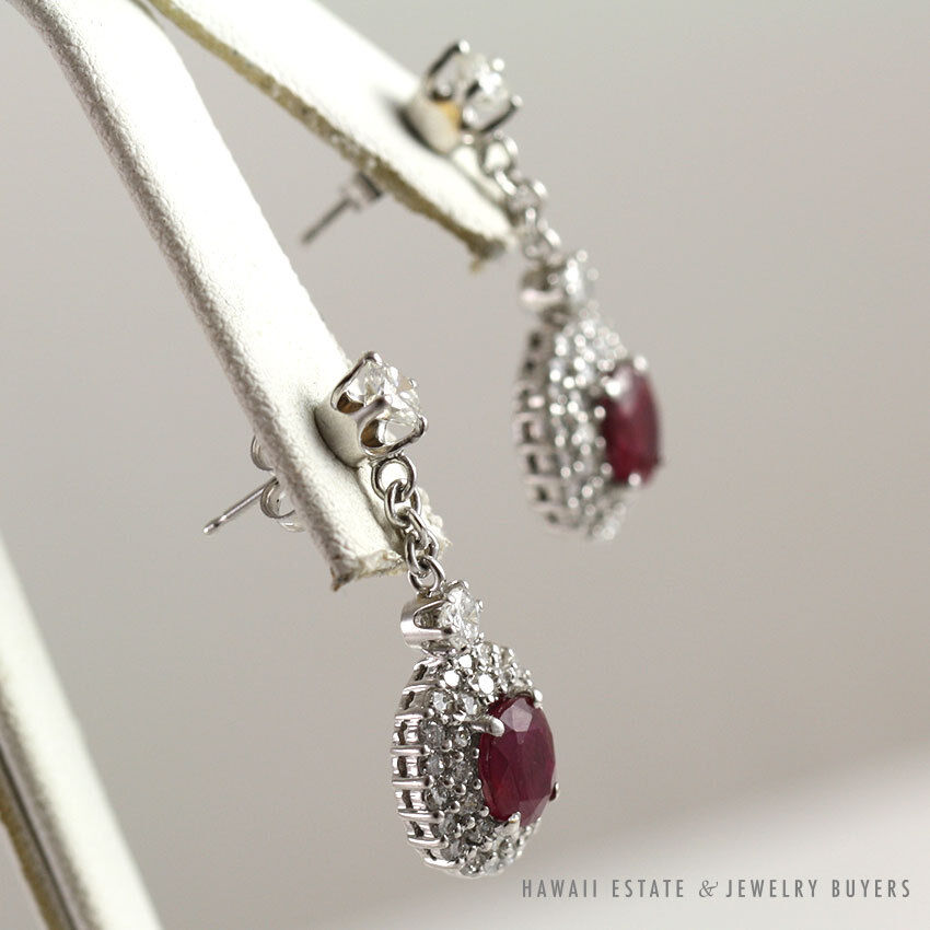 Ruby & Diamond Drop 18k White Gold Earrings - Image 3