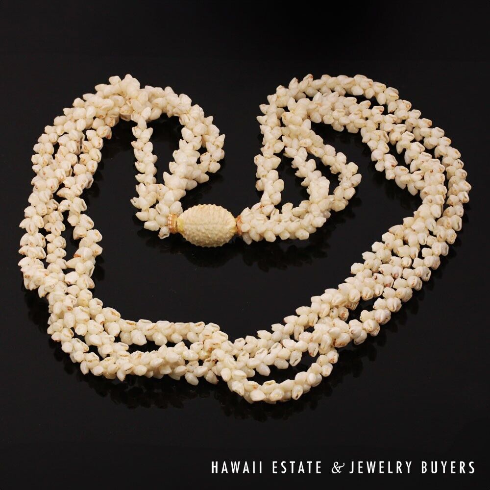Ni'ihau Shell Lei 3-Strand Pikake Momi Ke'oke'o White 30 Inch