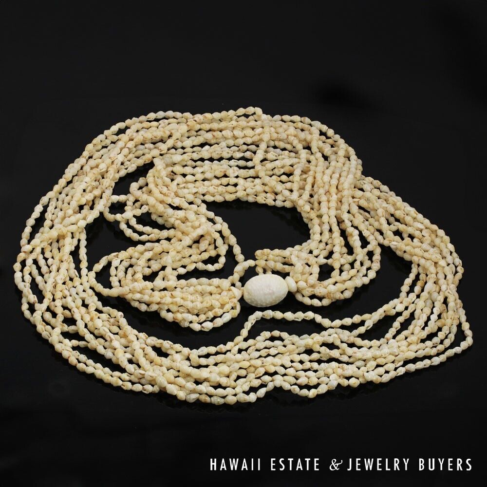 Ni'ihau Shell Lei 10-Strand Pololei Momi Cream 48 Inch Genuine Hawaiian Necklace