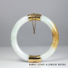White & Brown Jade Hinged 14k Yellow Gold Bangle Bracelet Size 7, 55.1g