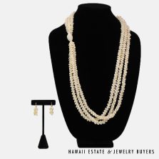 Three Strand Ni'ihau Shell Lei and Earrings Set Pikake Momi 36 inches *3175-03