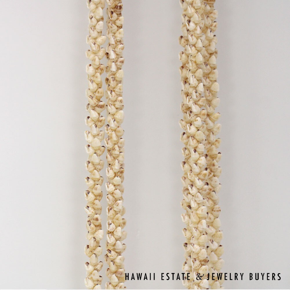 Three Strand Ni'ihau Shell Lei: Pikake Momi Lenalena Waha Ela Ela 48" #2402-01 - Image 6