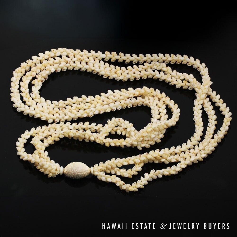 Ni'ihau Shell Lei 3-Strand Pikake Momi White Red Tip 40 Inch Hawaiian Necklace