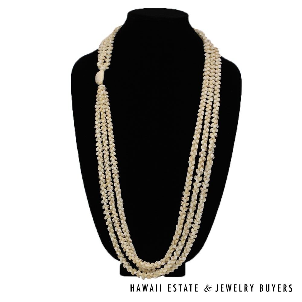 Ni'ihau Shell Lei 3-Strand Pikake Momi White Red Tip 40 Inch Hawaiian Necklace - Image 2